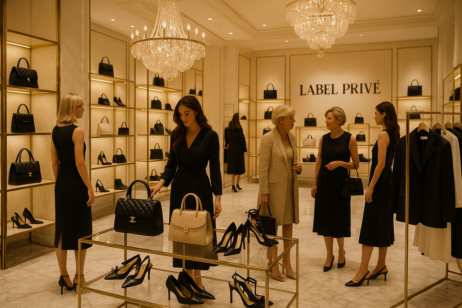 Photo d'événement vente privée luxe dans une boutique haut de gamme. Intérieur élégant avec sols en marbre, lustres en cristal, éclairage doré. Produits de mode premium (sacs, chaussures, vêtements) sur présentoirs en verre et dorés. Clientèle élégante. Ambiance exclusive et raffinée. Palette : or, noir, blanc . Logo 'Label Privé' en lettres noir élégantes bien visible