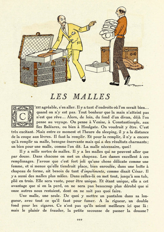 Planche gravée de la Gazette du Bon Ton, 1914 : des malles de voyage empilées, d'après un dessin de Maurice Taquoy.