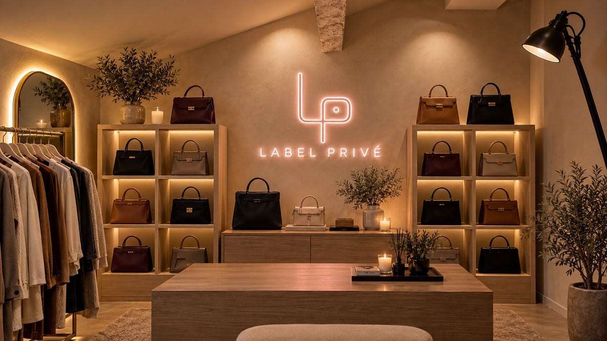 Boutique Label Privé : sacs à main de luxe seconde main exposés sur des étagères éclairées, sous l'enseigne néon Label Privé
