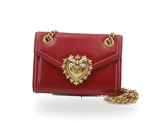 Dolce & Gabbana Devotion Cuir Rouge Sac Bandoulière Chaîne Cœur – vue 01