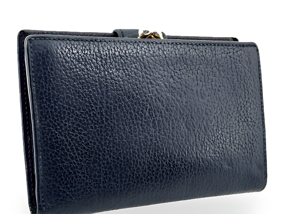 Gucci Vintage Étrier Cuir Grainé Noir Portefeuille Fermoir Doré – vue 02