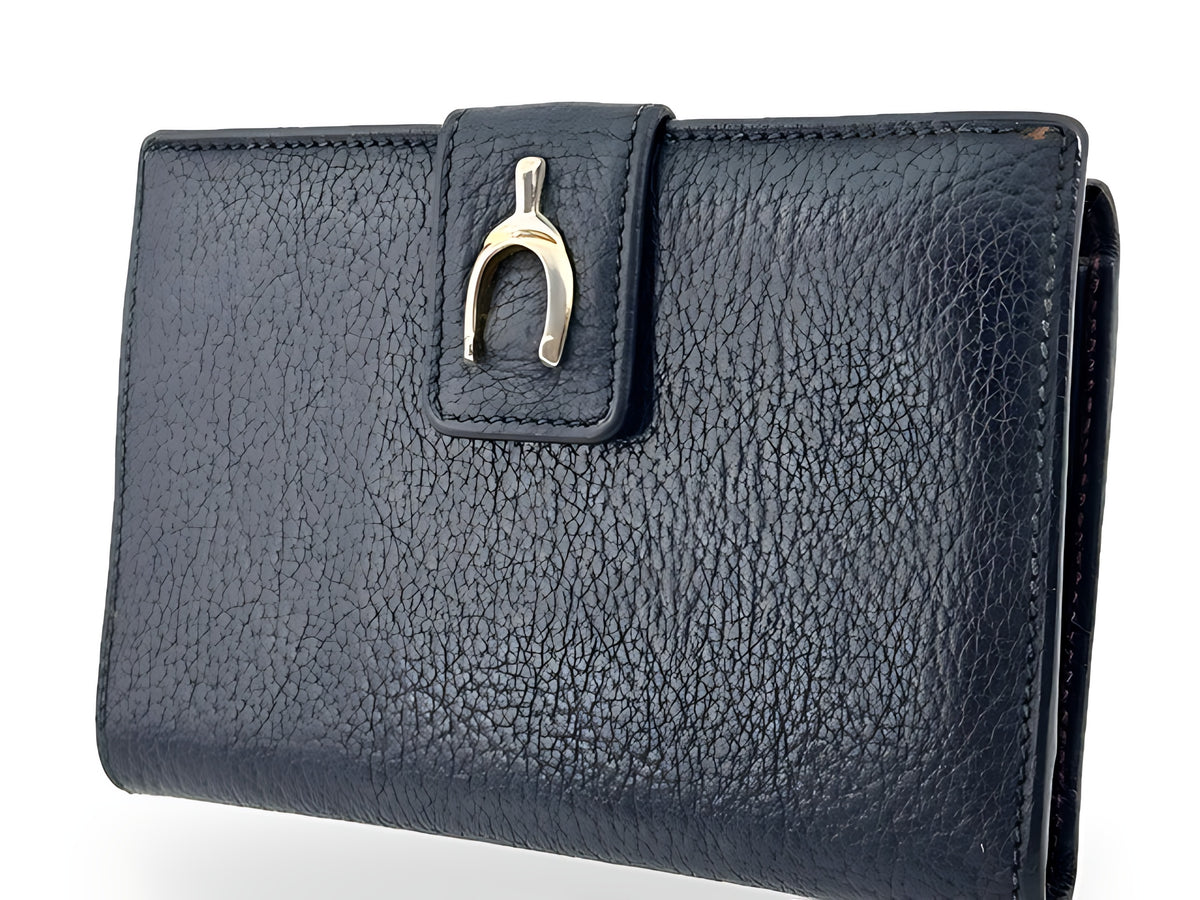 Gucci Vintage Étrier Cuir Grainé Noir Portefeuille Fermoir Doré – vue 01