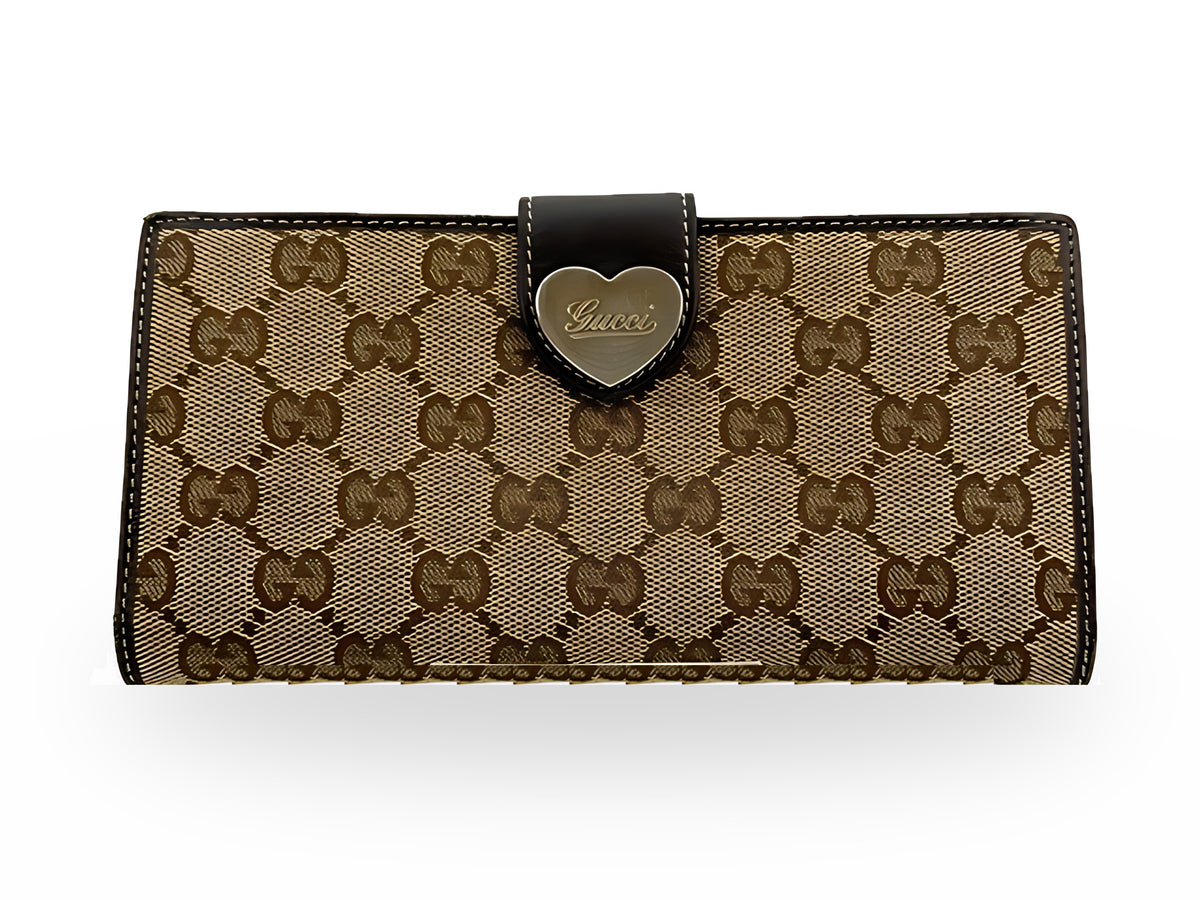 Gucci Portefeuille Long Toile GG Beige Cuir Marron Fermoir Cœur – vue 01