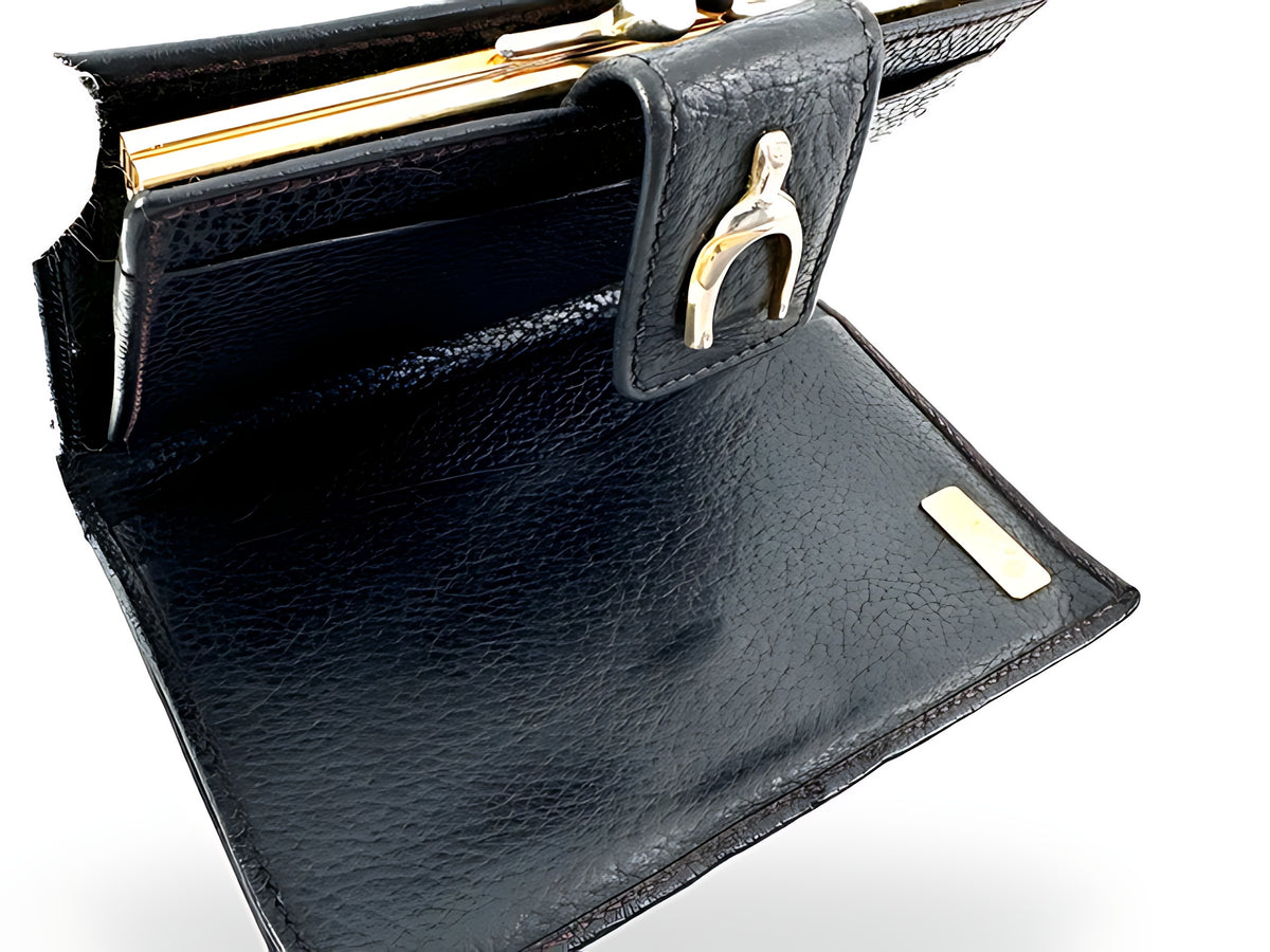 Gucci Vintage Étrier Cuir Grainé Noir Portefeuille Fermoir Doré – vue 10