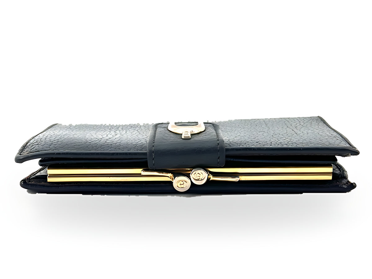 Gucci Vintage Étrier Cuir Grainé Noir Portefeuille Fermoir Doré – vue 03