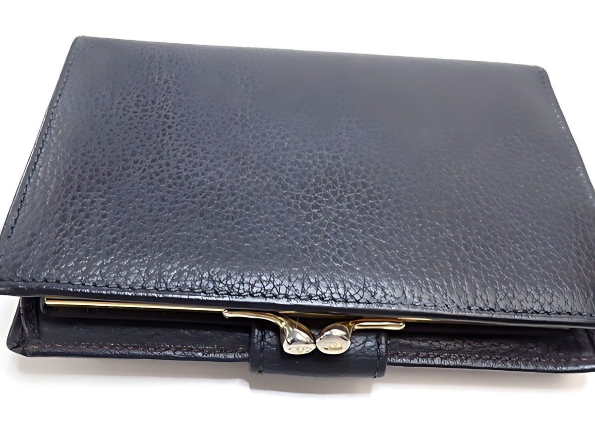 Gucci Vintage Étrier Cuir Grainé Noir Portefeuille Fermoir Doré – détail 01