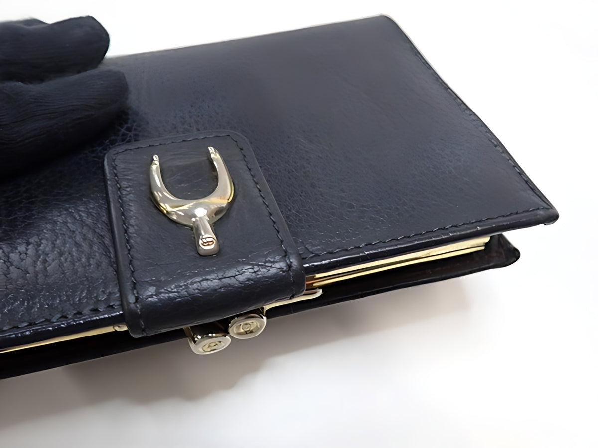 Gucci Vintage Étrier Cuir Grainé Noir Portefeuille Fermoir Doré – détail 03