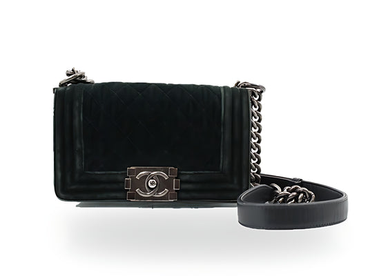 Chanel Boy Velours Matelassé Vert Sapin Sac Bandoulière Chaîne – vue 01