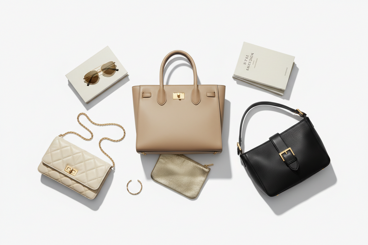 Sacs à main, pochette, bague et lunettes de luxe disposés à plat, catégories couvertes par le sourcing Label Privé